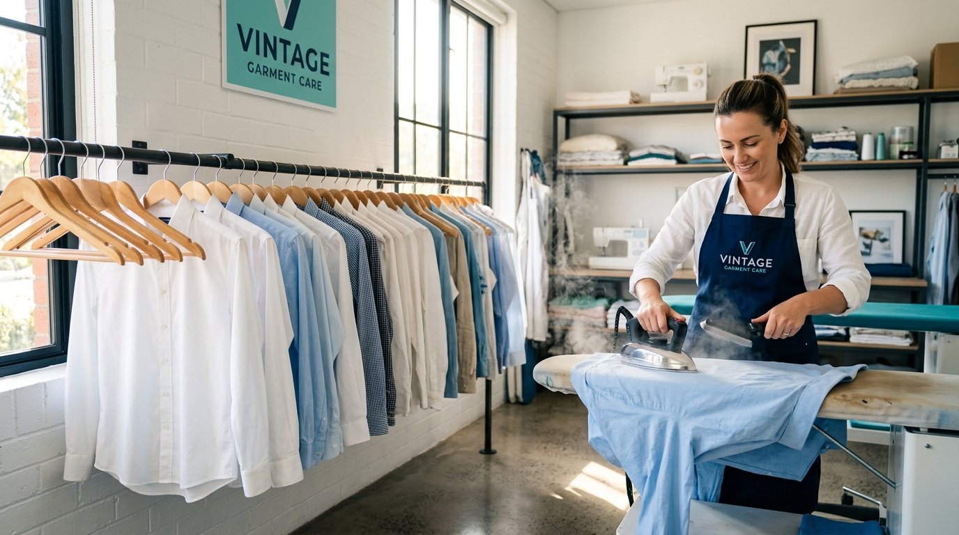 Pressing.in modern garment care studio with freshly pressed shirts and steam pressing